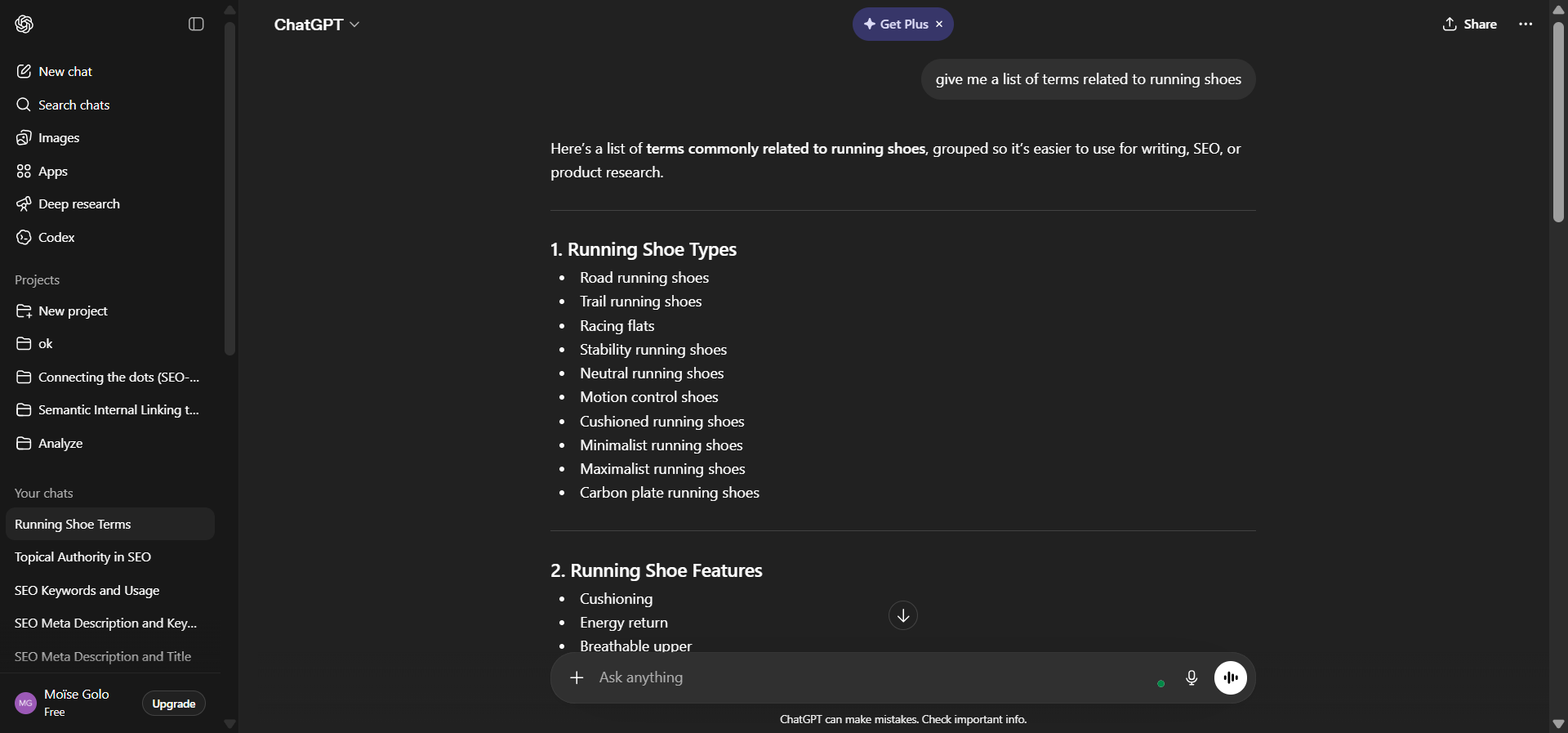 [Screenshot: ChatGPT prompt &ldquo;give me a list of terms related to running shoes&rdquo; with a list of seed keyword ideas returned]