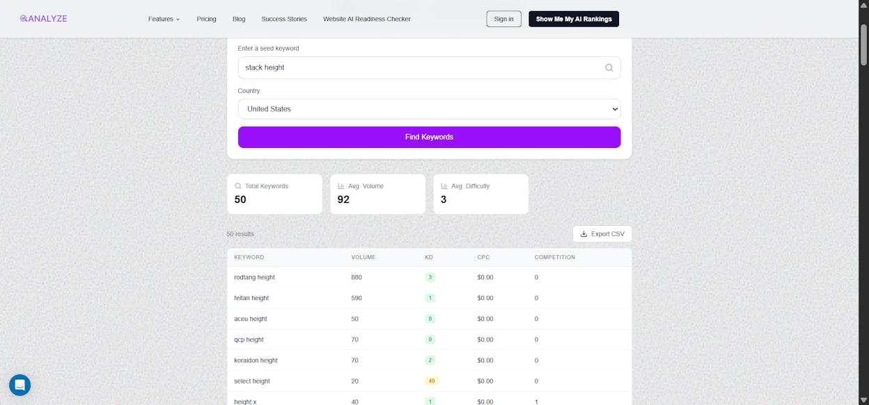 [Screenshot: Keyword Generator results for the seed &ldquo;stack height&rdquo; showing niche keyword ideas with search volumes]