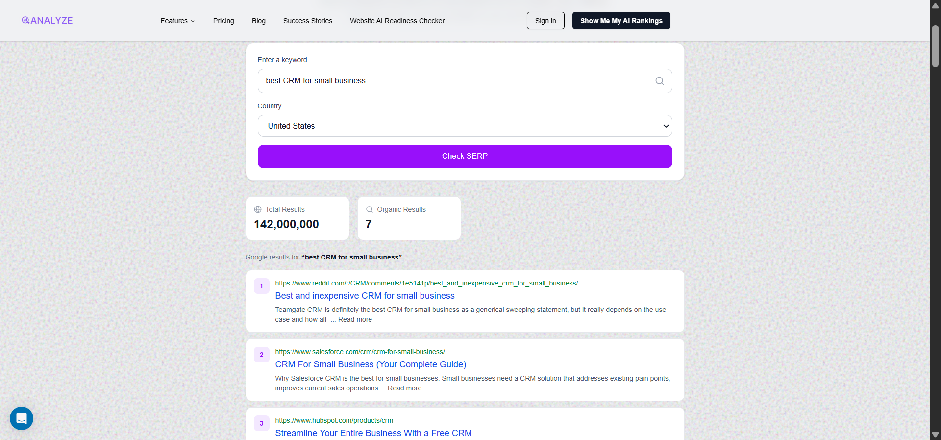[Screenshot: Analyze AI SERP Checker showing top-ranking pages for a keyword with their estimated organic traffic]