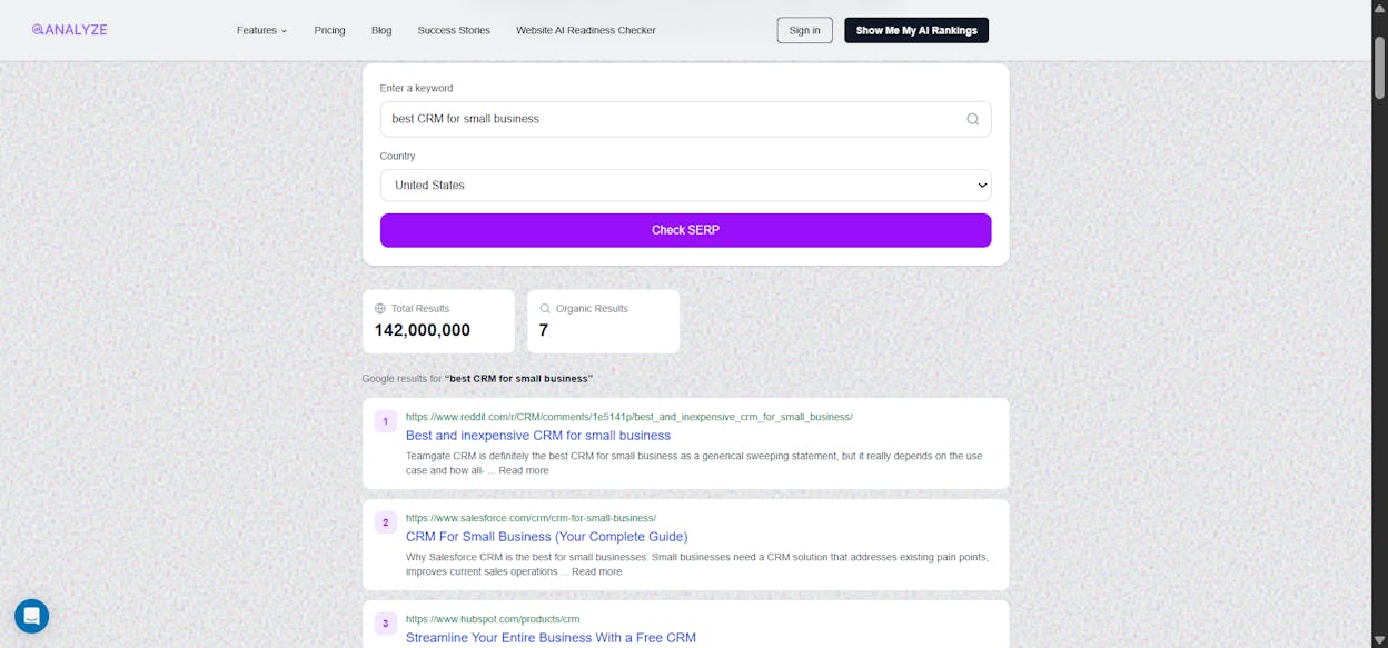 [Screenshot: Analyze AI SERP Checker showing top-ranking pages for a keyword with their estimated organic traffic]