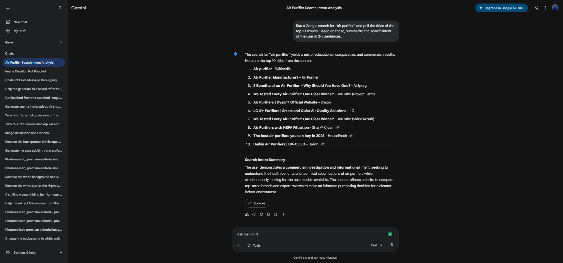 [Screenshot: Google Gemini response analyzing search intent for a keyword, showing a summary of what searchers are looking for]
