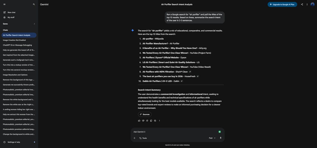 [Screenshot: Google Gemini response analyzing search intent for a keyword, showing a summary of what searchers are looking for]