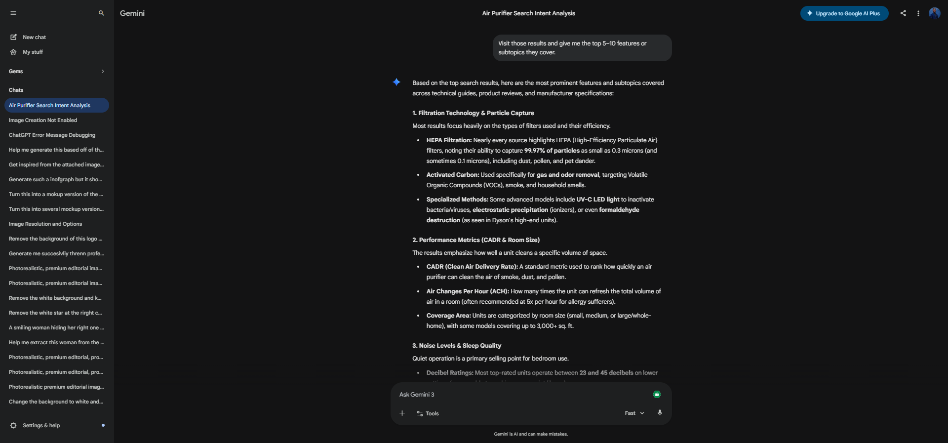 [Screenshot: Google Gemini response listing the top features mentioned across top-ranking results for the target keyword]