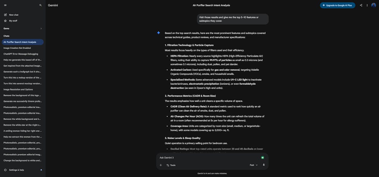 [Screenshot: Google Gemini response listing the top features mentioned across top-ranking results for the target keyword]