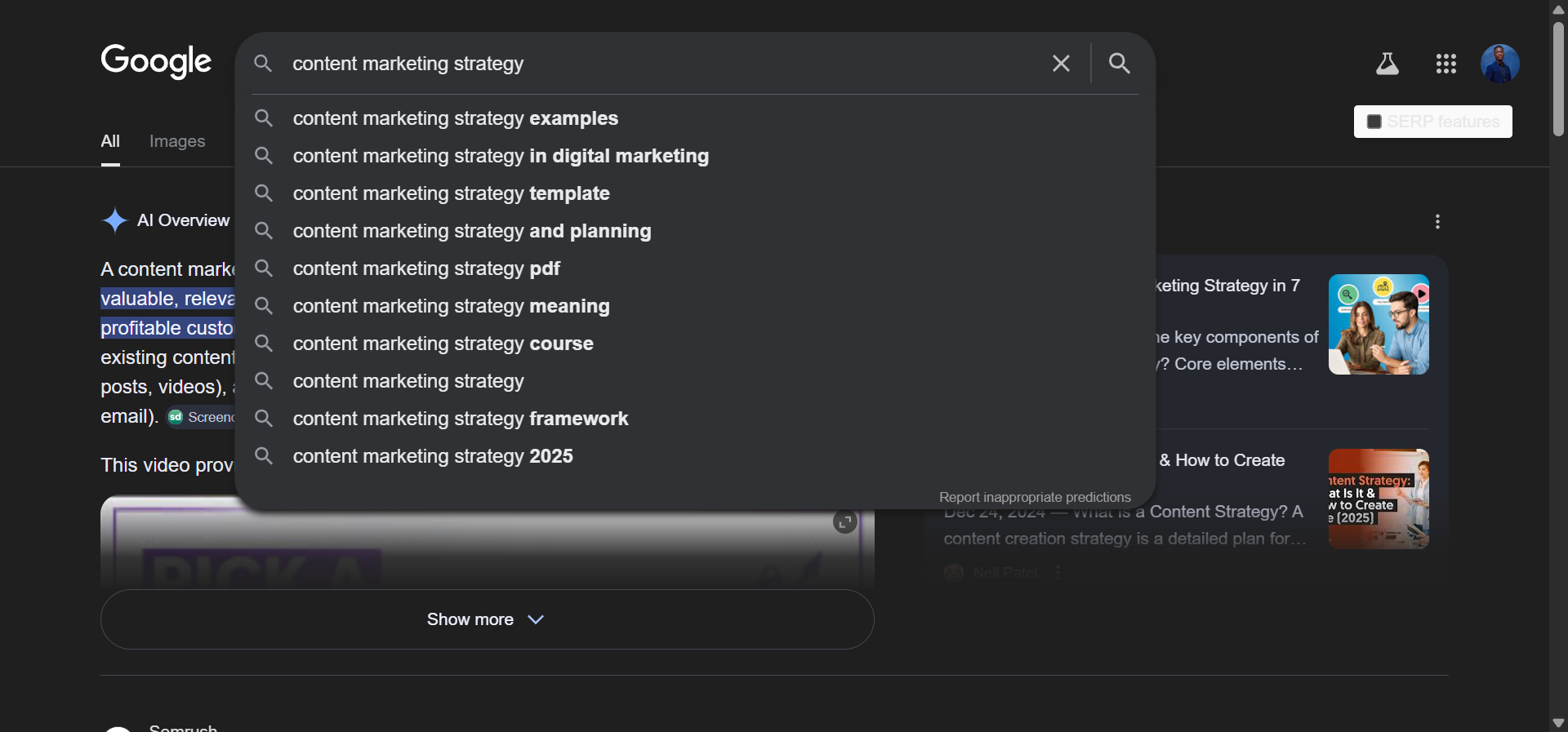 [Screenshot: Google search bar showing autocomplete suggestions for a topic like &ldquo;content marketing strategy&rdquo; with dropdown suggestions visible]