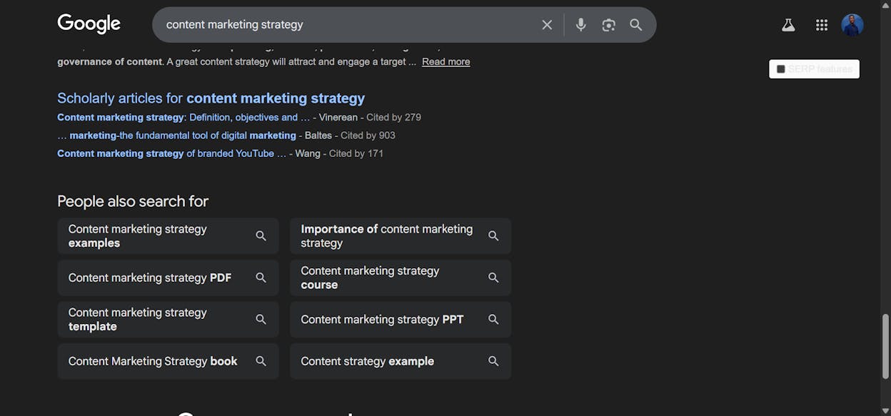 [Screenshot: Google&rsquo;s &ldquo;Related Searches&rdquo; section at the bottom of the SERP showing 8 related query tiles]