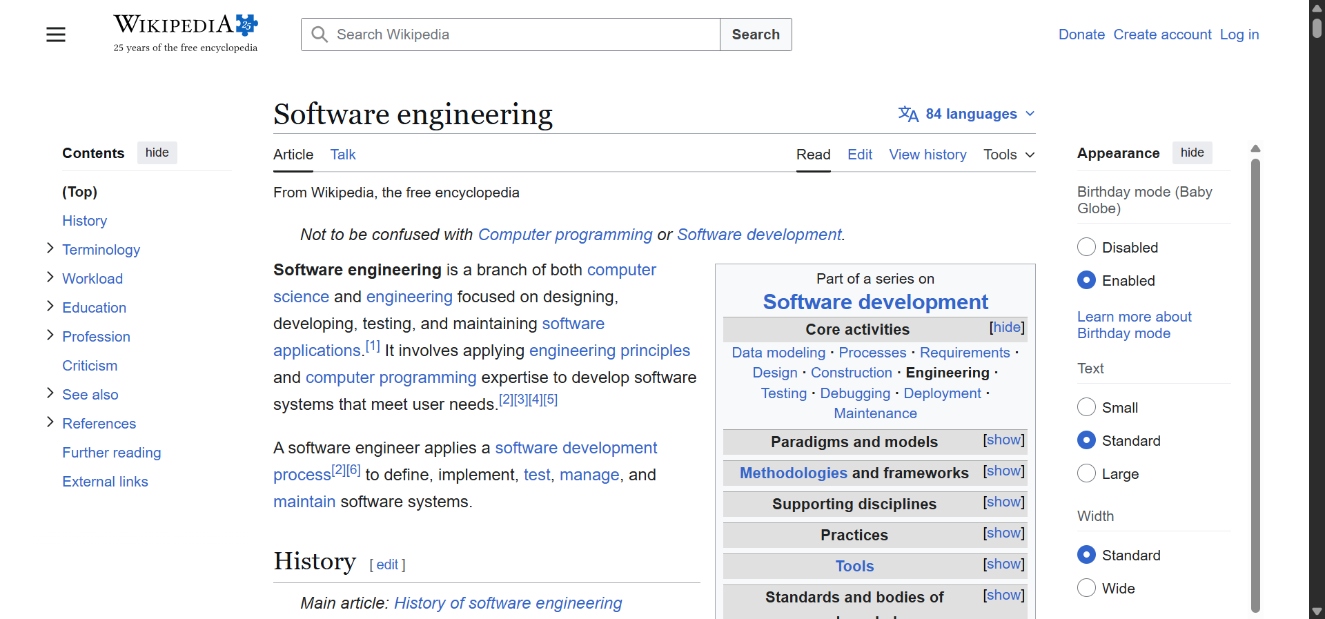[Screenshot: A Wikipedia article&rsquo;s table of contents sidebar showing hierarchical heading structure for a broad topic]