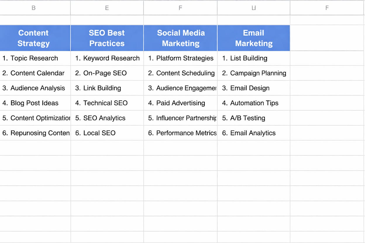 [Screenshot: A spreadsheet showing supporting topics in blue-highlighted header cells across the top, with 5-8 sub-topics listed vertically beneath each one]