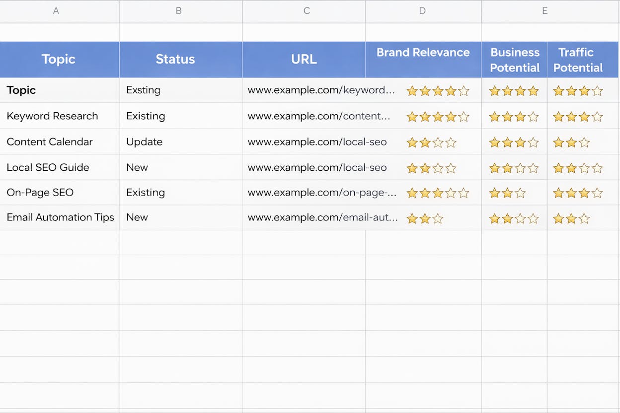 [Screenshot: A spreadsheet with columns for Topic, Status (Existing/Update/New), URL, Brand Relevance, Business Potential, and Traffic Potential]
