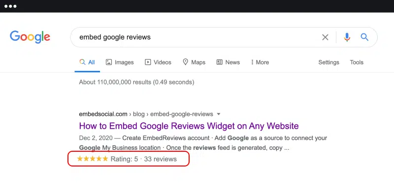[Screenshot: Google search result showing a review snippet with star ratings highlighted]
