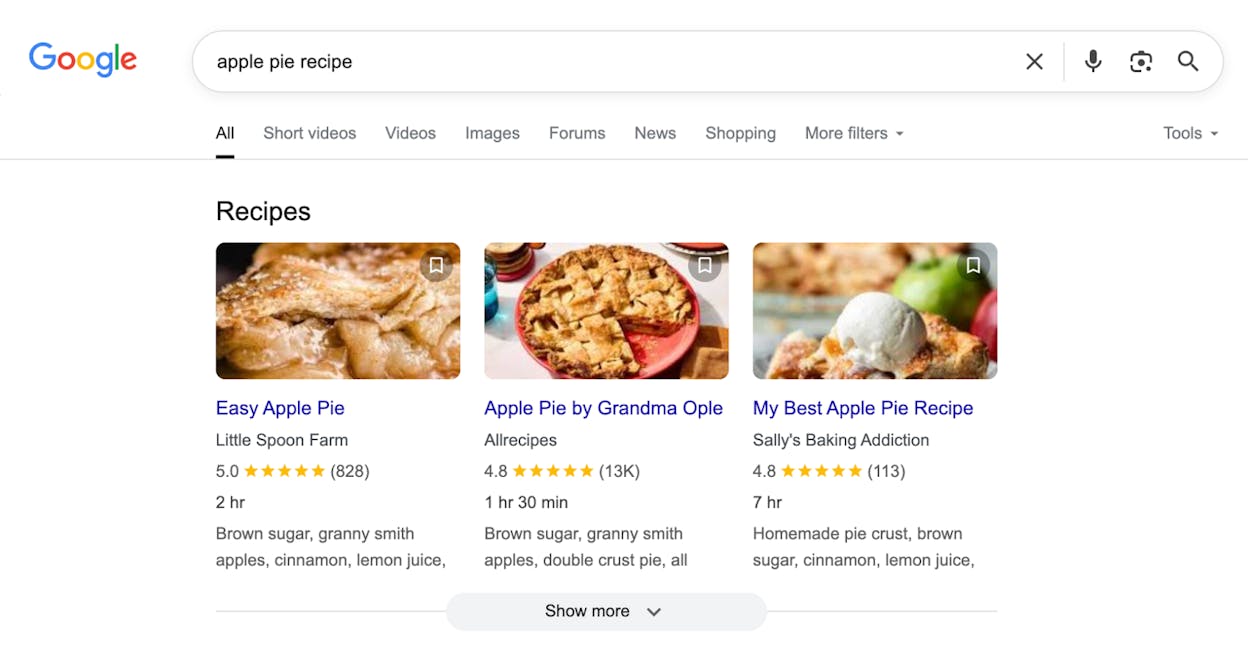[Screenshot: Google search result showing a product snippet with price and availability highlighted]