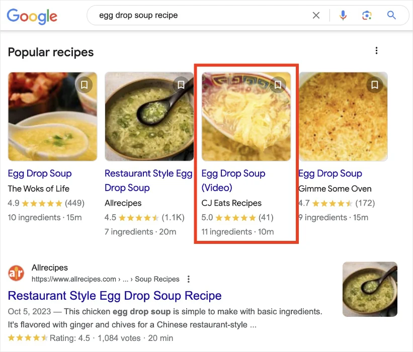 [Screenshot: Google search result showing a recipe snippet in the Recipes carousel with cooking time, rating, and image]