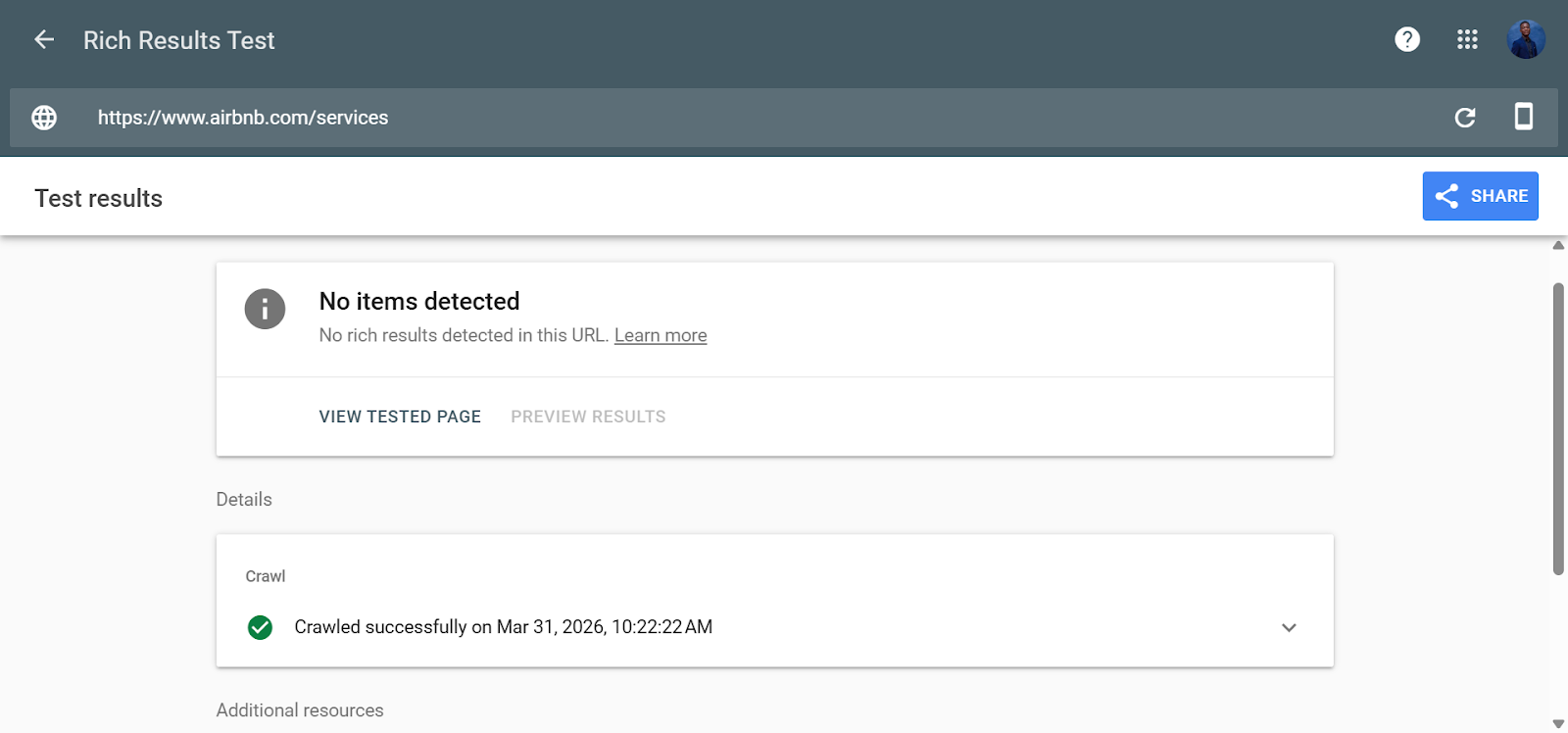 [Screenshot: Rich Results Test showing green checkmarks and detected items OR &ldquo;No items detected&rdquo; message]