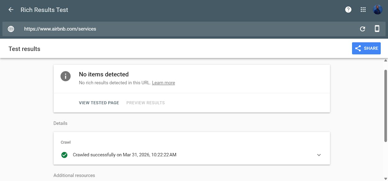 [Screenshot: Rich Results Test showing green checkmarks and detected items OR &ldquo;No items detected&rdquo; message]