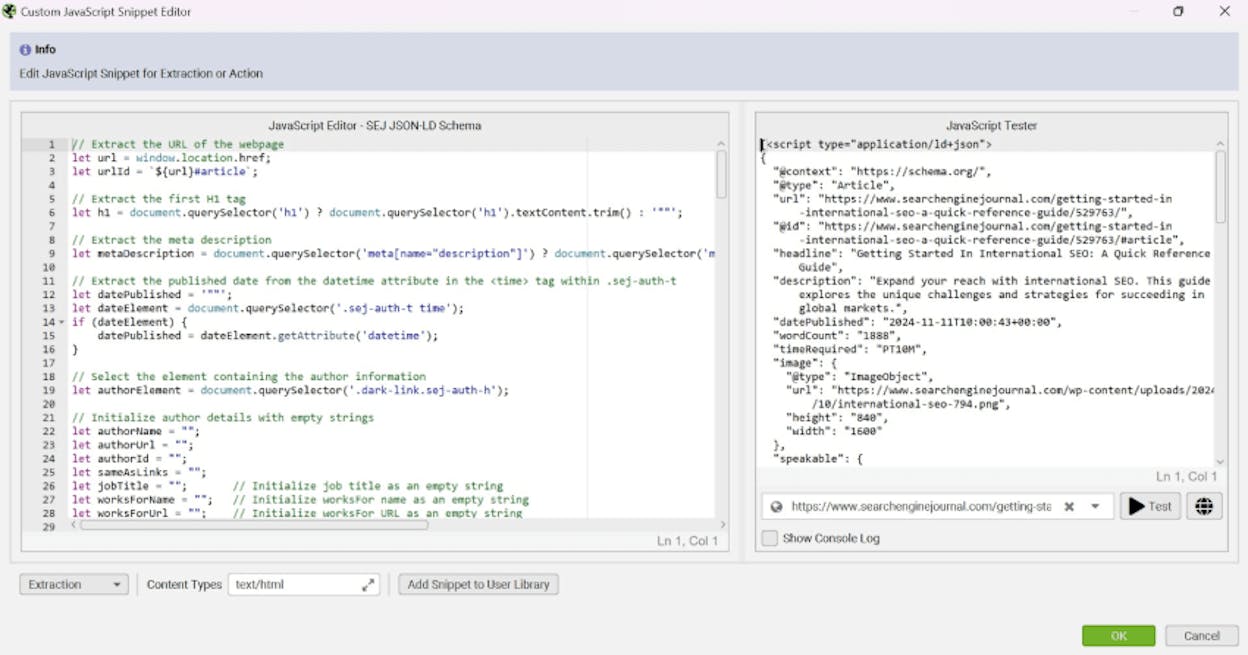 [Screenshot: Browser view-source showing a JSON-LD script block highlighted]