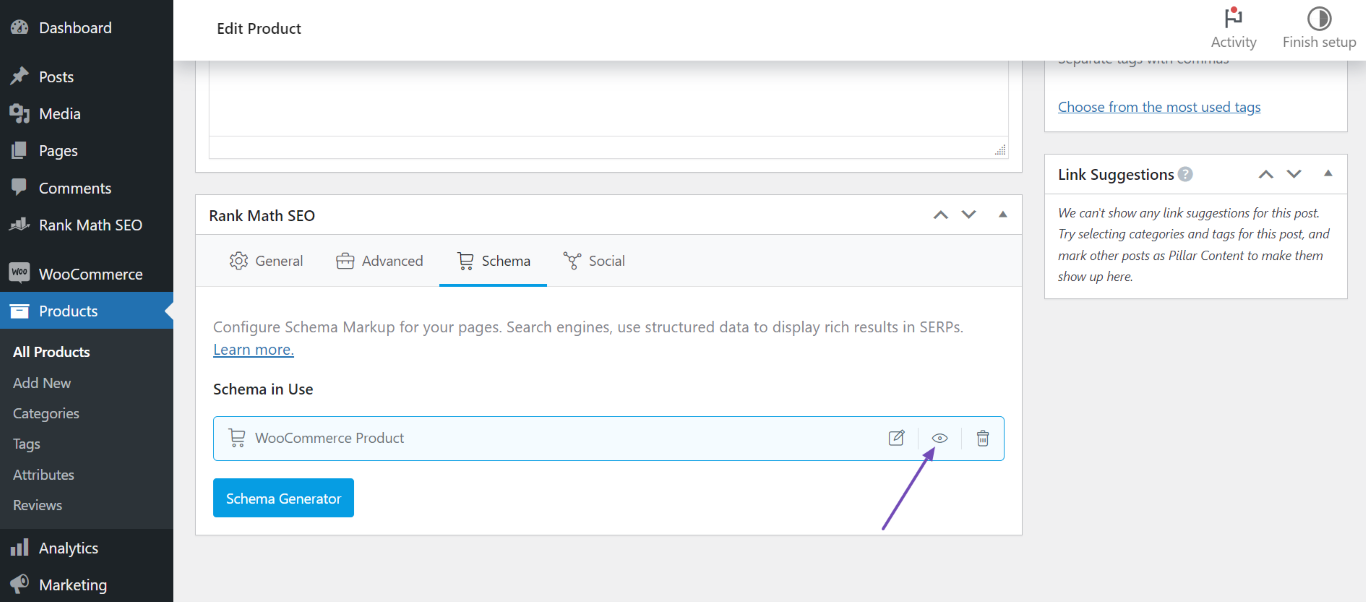 [Screenshot: Rank Math&rsquo;s schema settings panel in the WordPress editor showing Product schema fields being filled out]