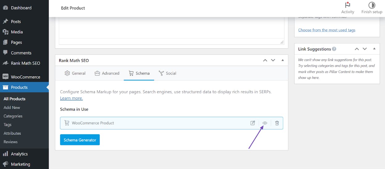 [Screenshot: Rank Math&rsquo;s schema settings panel in the WordPress editor showing Product schema fields being filled out]