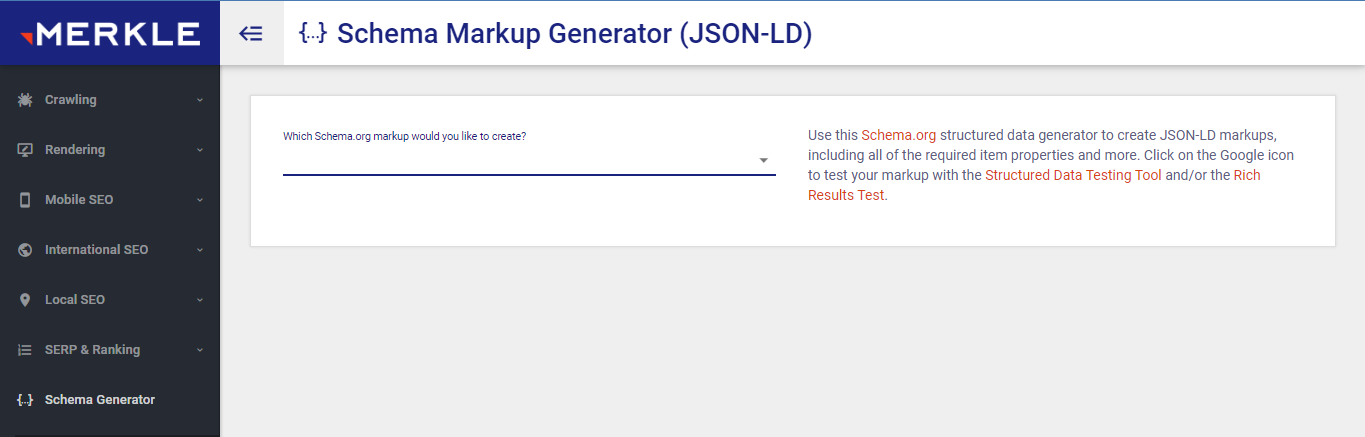 [Screenshot: Merkle&rsquo;s Schema Markup Generator showing Product schema fields being filled in with JSON-LD output on the right]