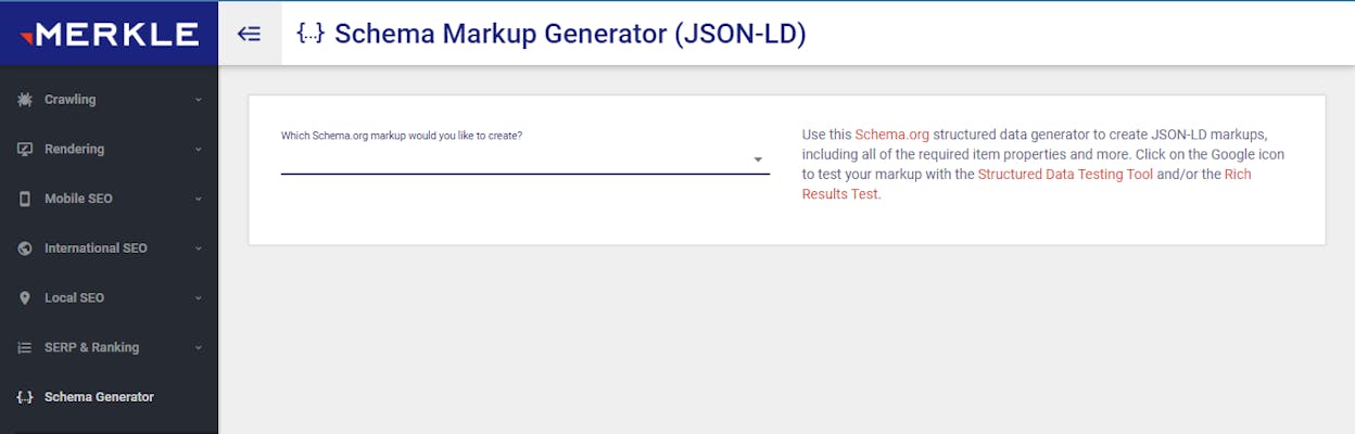 [Screenshot: Merkle&rsquo;s Schema Markup Generator showing Product schema fields being filled in with JSON-LD output on the right]