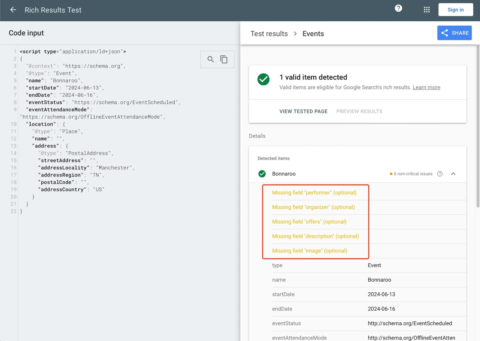 [Screenshot: Rich Results Test with &ldquo;Code&rdquo; tab selected and JSON-LD code pasted in]