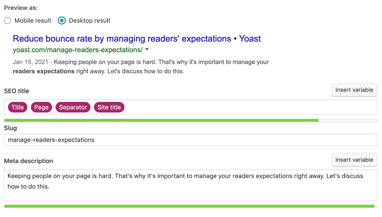 [Screenshot: Yoast SEO plugin showing the title tag field in the WordPress editor]