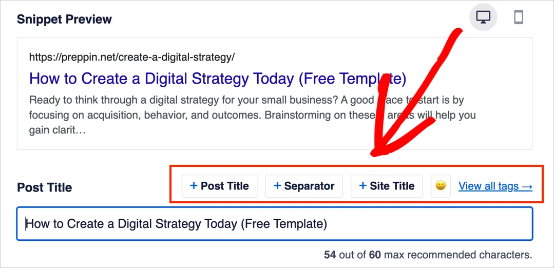 [Screenshot: SERPSim tool showing a title tag that&rsquo;s too long, with the red pixel count indicator]