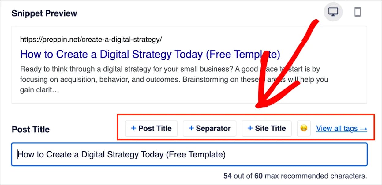 [Screenshot: SERPSim tool showing a title tag that&rsquo;s too long, with the red pixel count indicator]