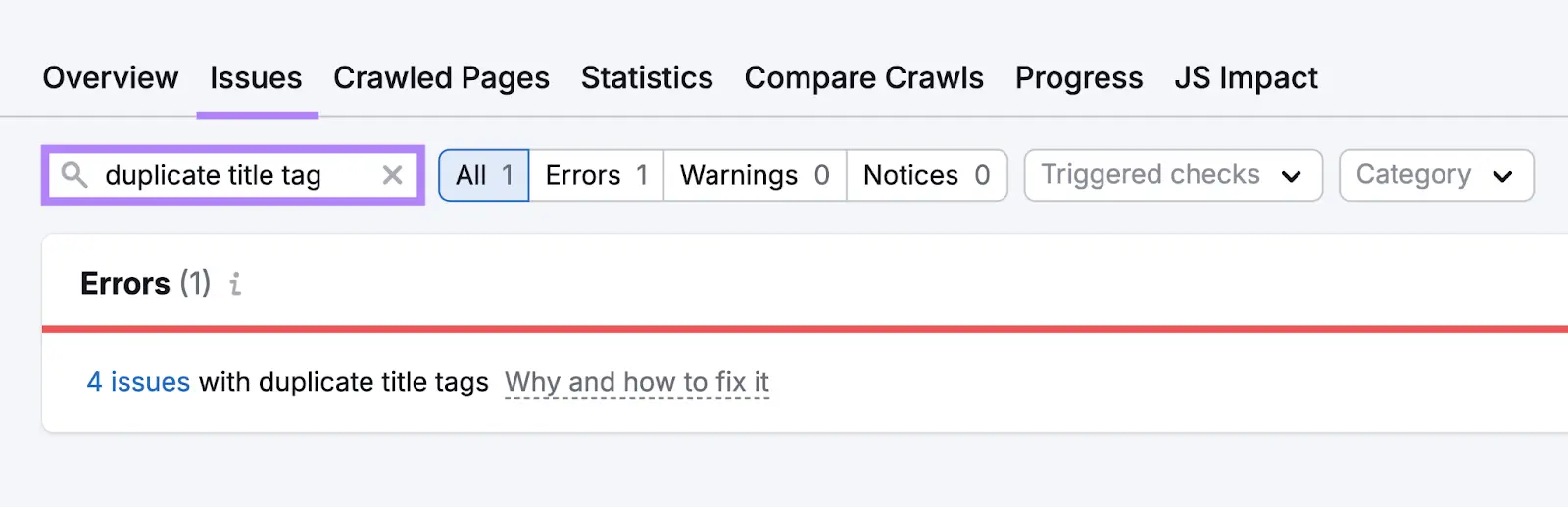 [Screenshot: SEO audit tool showing duplicate title tag warnings]