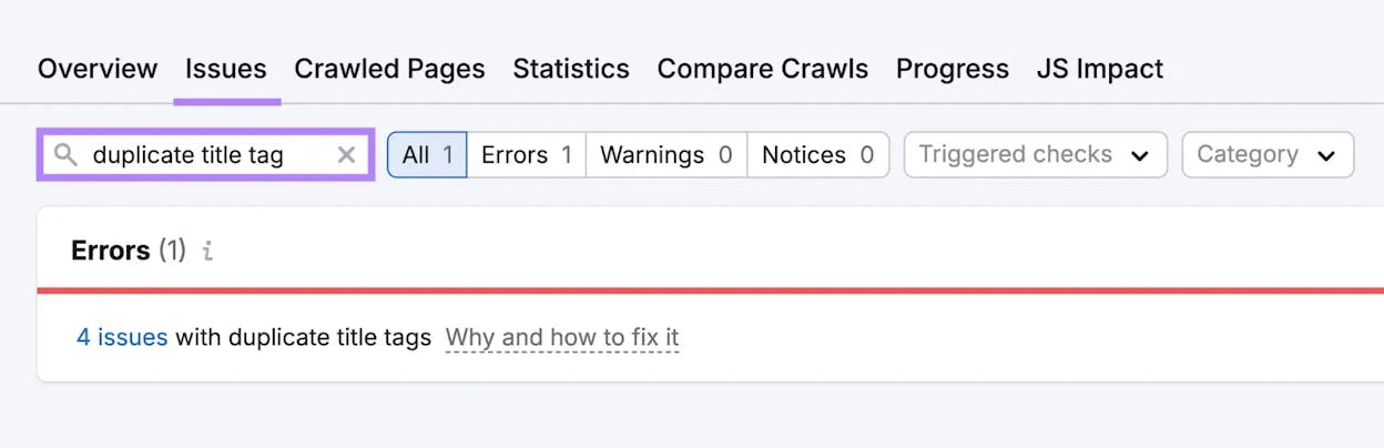 [Screenshot: SEO audit tool showing duplicate title tag warnings]