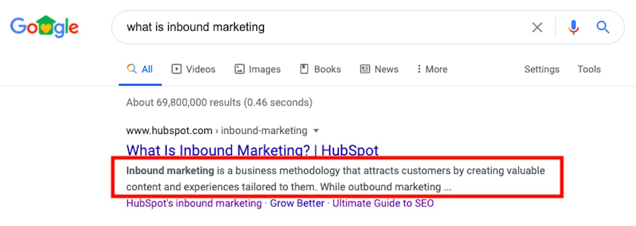[Screenshot: Google search result with the meta description highlighted]