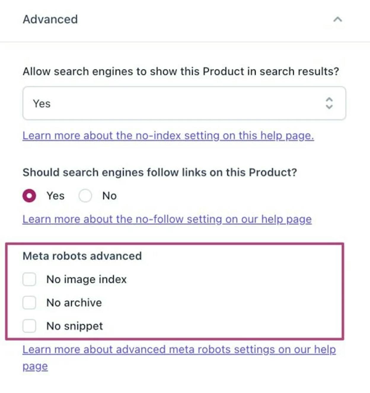 [Screenshot: Yoast SEO advanced settings showing meta robots dropdown options in WordPress]