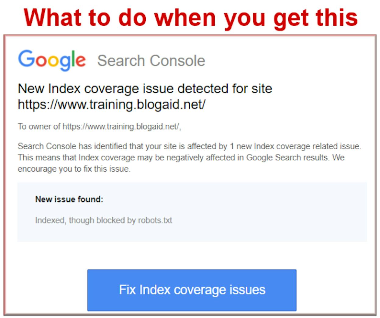 [Screenshot: Google Search Console Coverage report showing &ldquo;Indexed, though blocked by robots.txt&rdquo; warning]