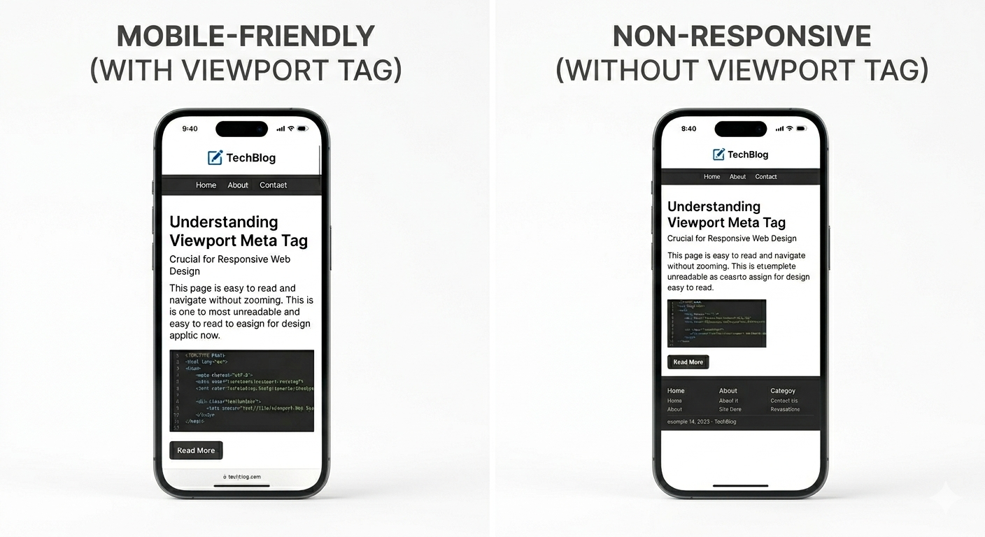 [Screenshot: Side-by-side comparison of a page on mobile with and without the viewport tag&mdash;one readable, one shrunken and unreadable]