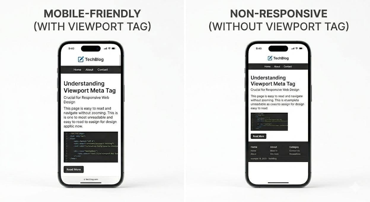 [Screenshot: Side-by-side comparison of a page on mobile with and without the viewport tag&mdash;one readable, one shrunken and unreadable]