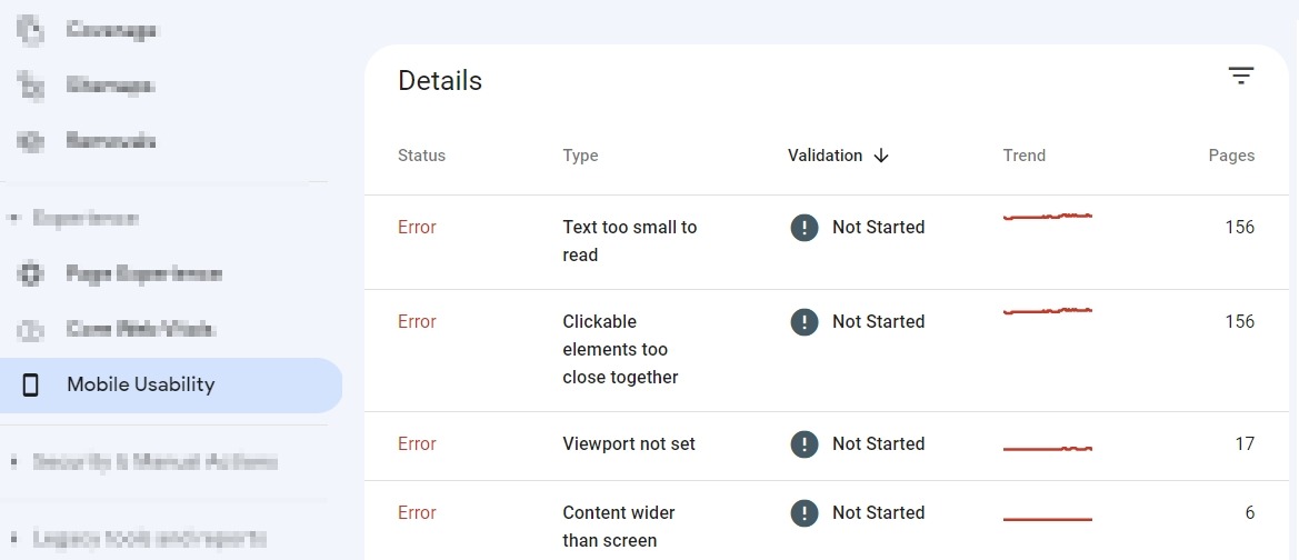[Screenshot: Google Search Console Mobile Usability report showing &ldquo;Viewport not set&rdquo; error]