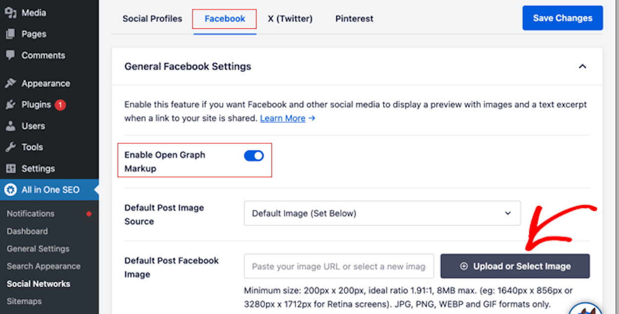 [Screenshot: WordPress SEO plugin showing the Social/Open Graph settings with custom title, description, and image fields]