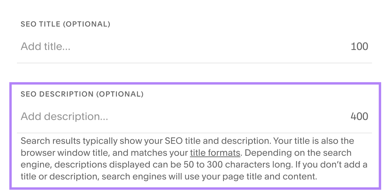 [Screenshot: Squarespace page settings showing the SEO title and description fields]