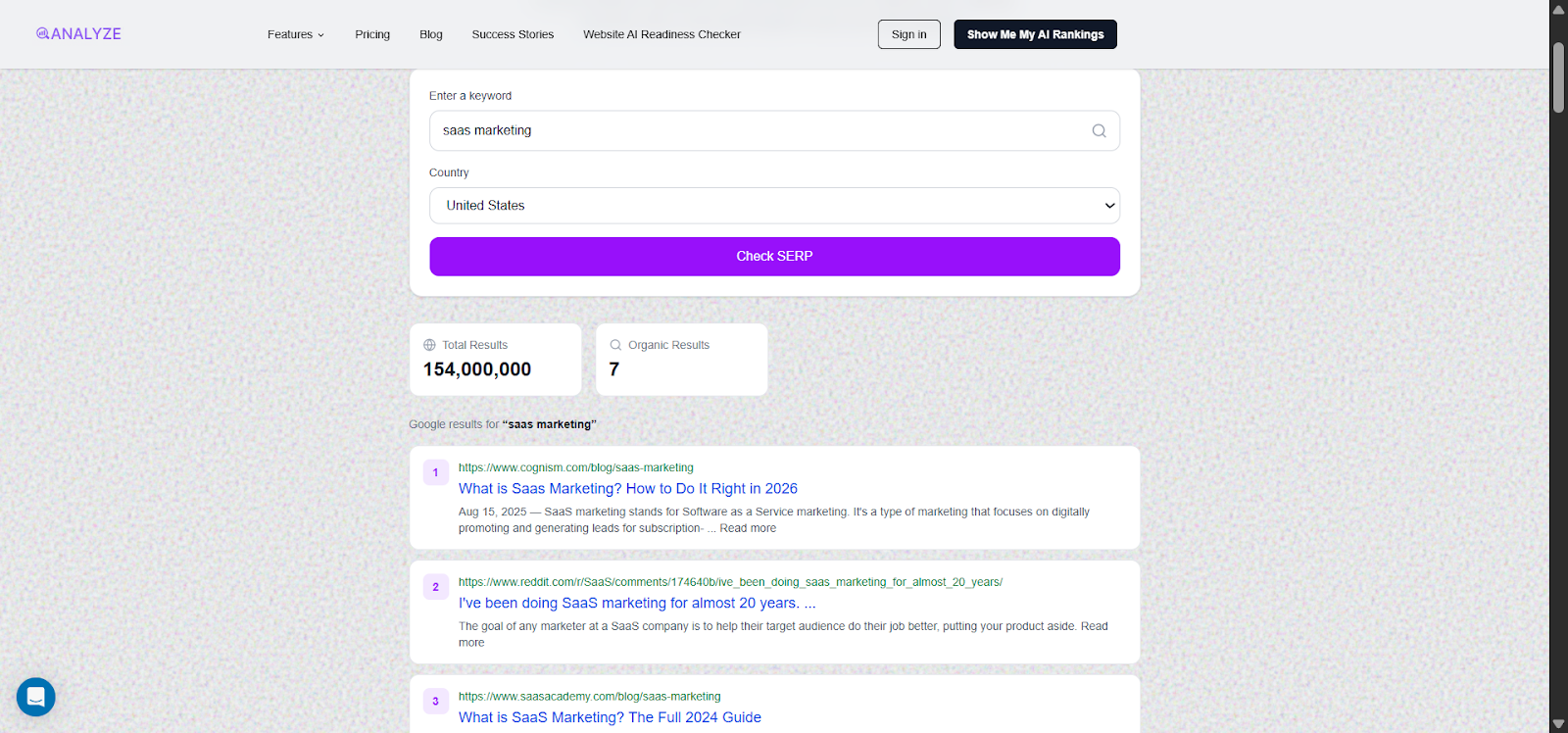 [Screenshot: Analyze AI SERP Checker showing search results preview for a target keyword]