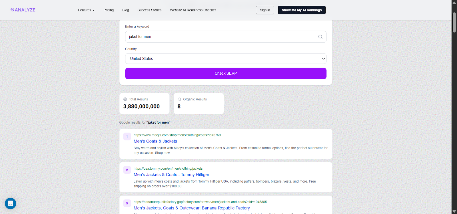 [Screenshot: Analyze AI SERP Checker showing the top-ranking pages for a target keyword, including domain authority and estimated traffic for each result.]