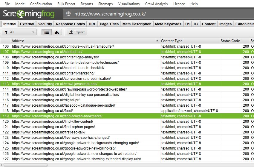 [Screenshot: Screaming Frog internal link audit filtered by URL subfolder mismatch]