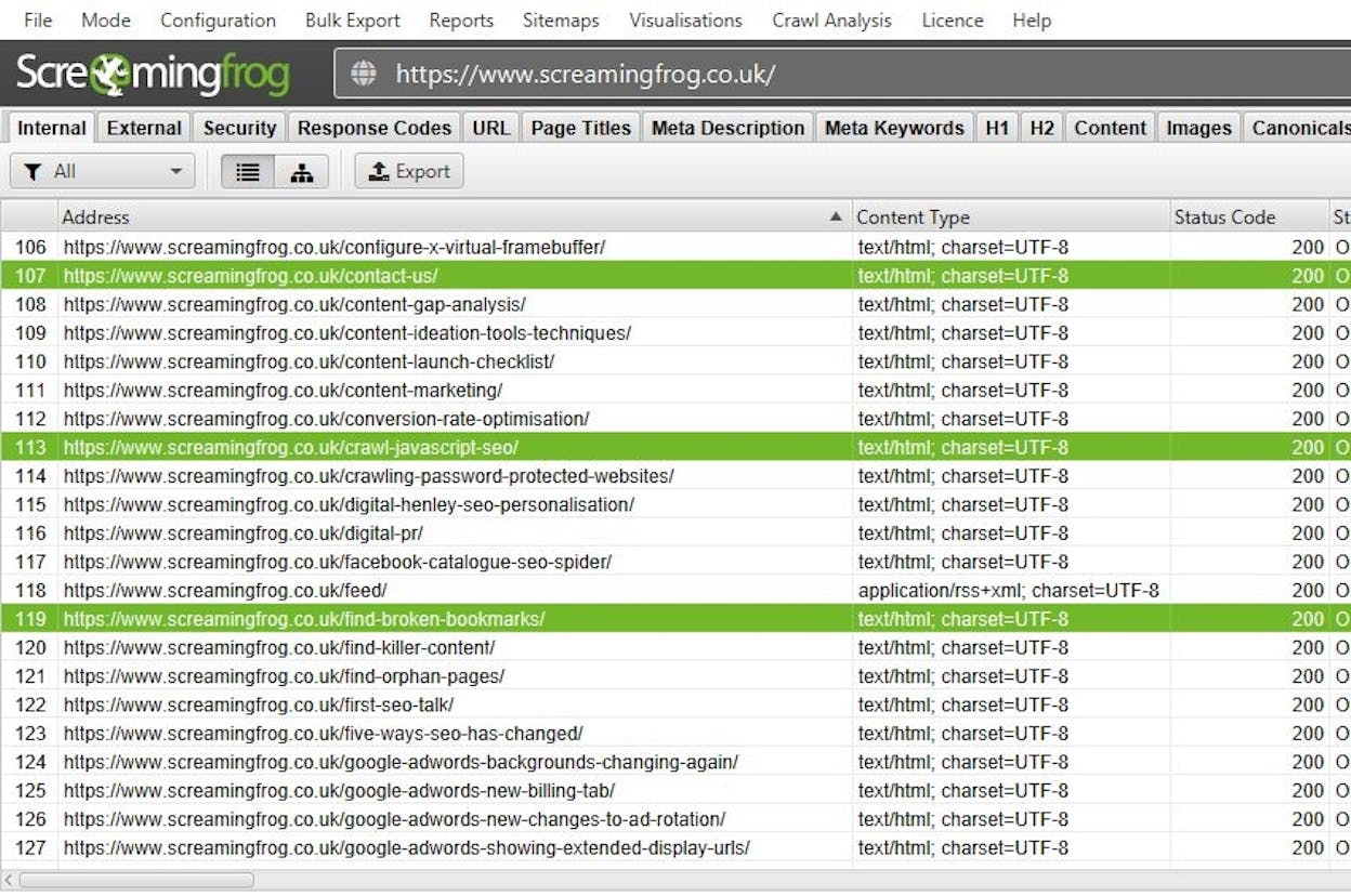 [Screenshot: Screaming Frog internal link audit filtered by URL subfolder mismatch]