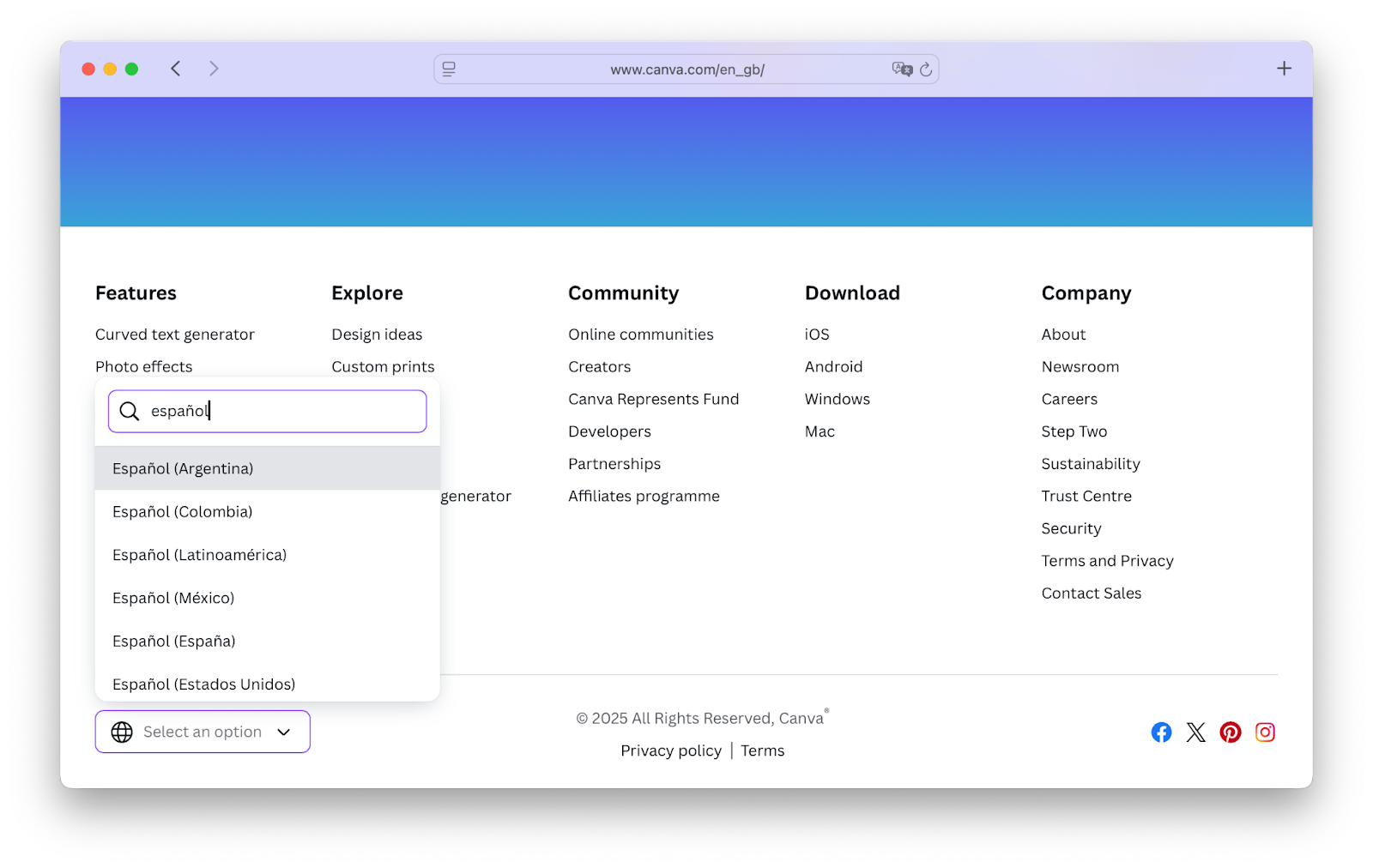 [Screenshot: Language selector dropdown in a website header]