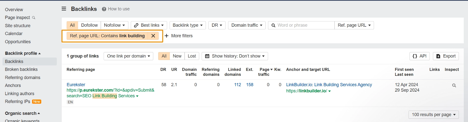 [Screenshot: Backlink analysis showing competitor links grouped by country]