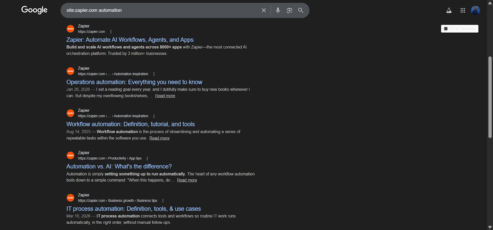 [Screenshot: Google search results page showing site:yourdomain.com query with result count highlighted]