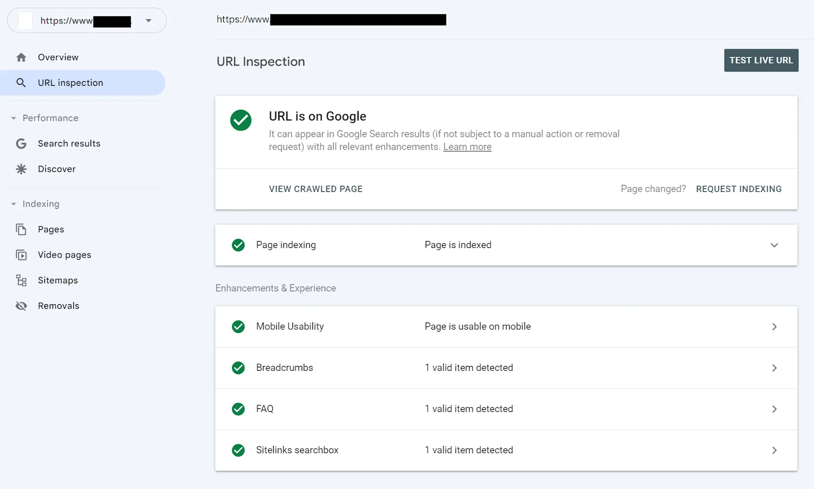 [Screenshot: Google Search Console URL Inspection tool showing &ldquo;URL is on Google&rdquo; with green checkmark]