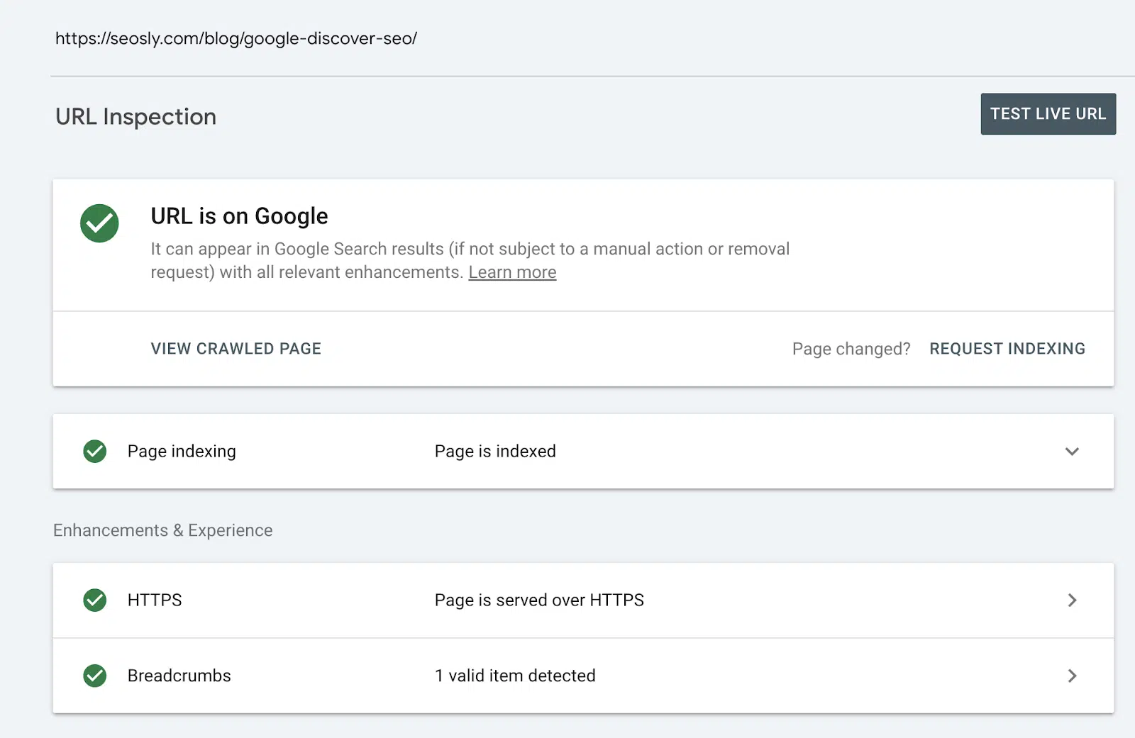 [Screenshot: Google Search Console URL Inspection tool showing &ldquo;URL is not on Google&rdquo; with specific reason]
