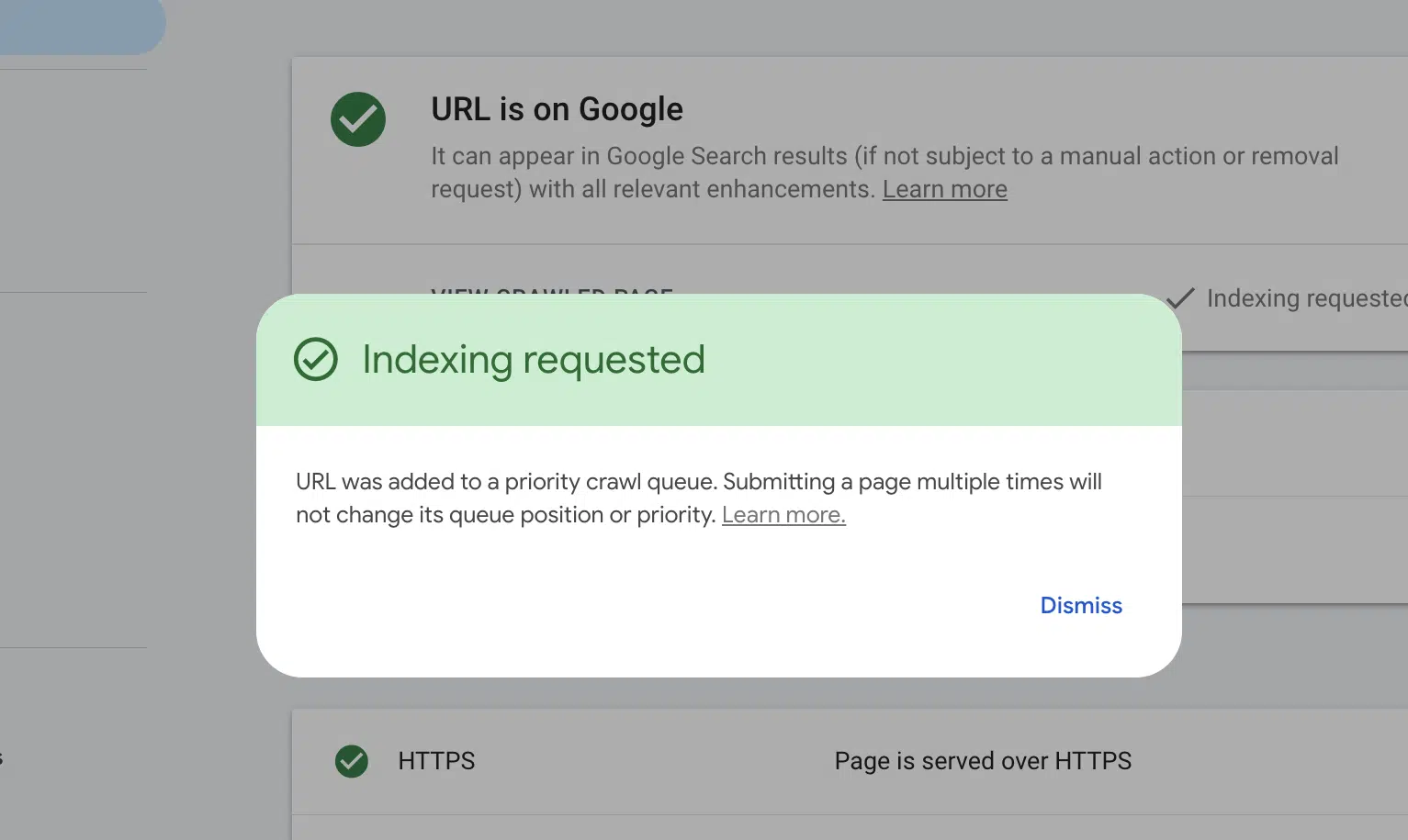 [Screenshot: Google Search Console URL Inspection tool with &ldquo;Request Indexing&rdquo; button highlighted]
