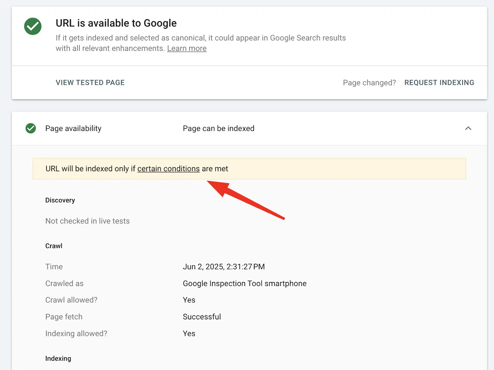 [Screenshot: URL Inspection tool in GSC showing the &ldquo;Indexing allowed?&rdquo; status with &ldquo;Yes&rdquo; or &ldquo;No&rdquo; indicator]