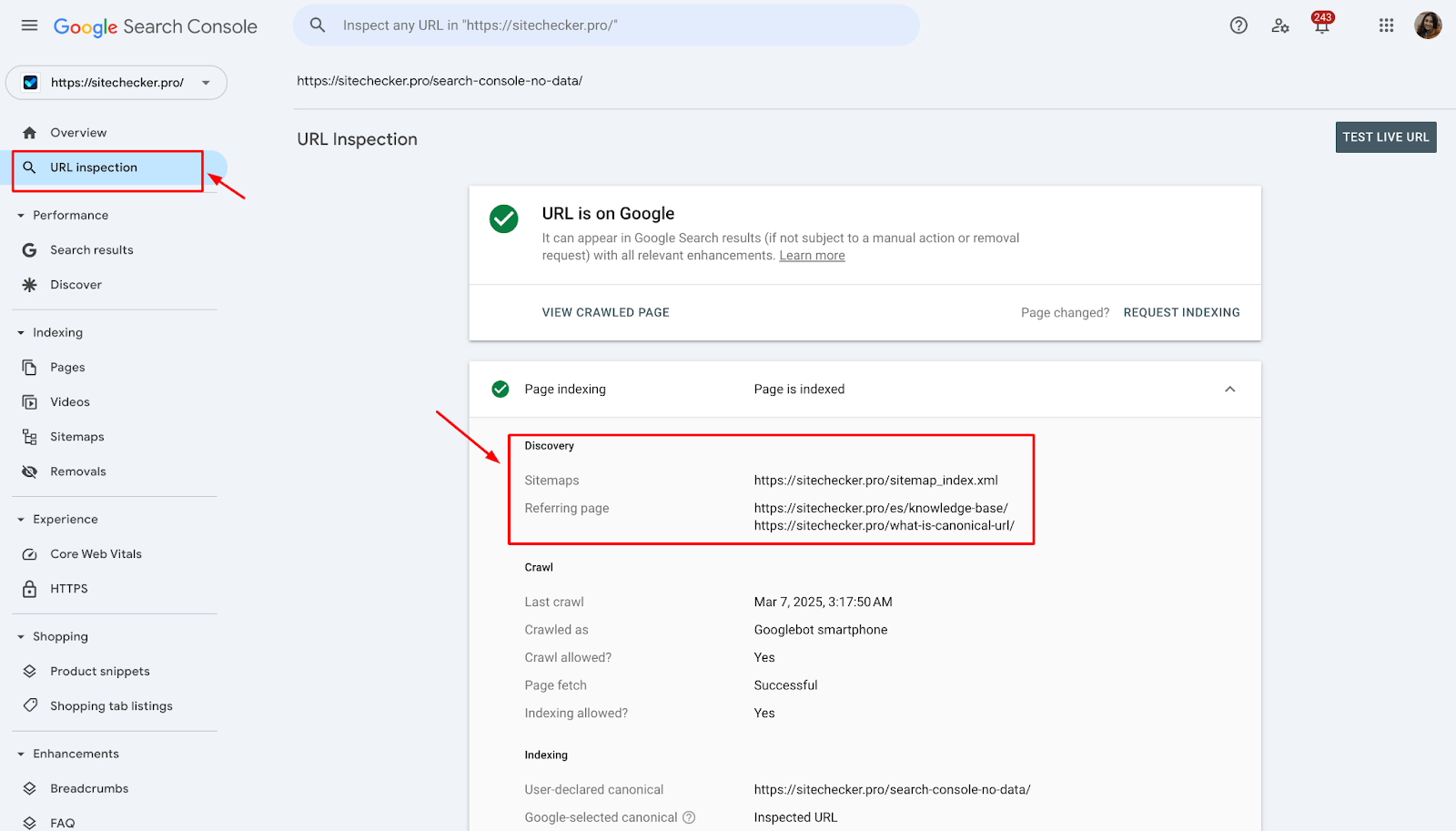 [Screenshot: Google Search Console showing links from a specific referring domain to your pages]