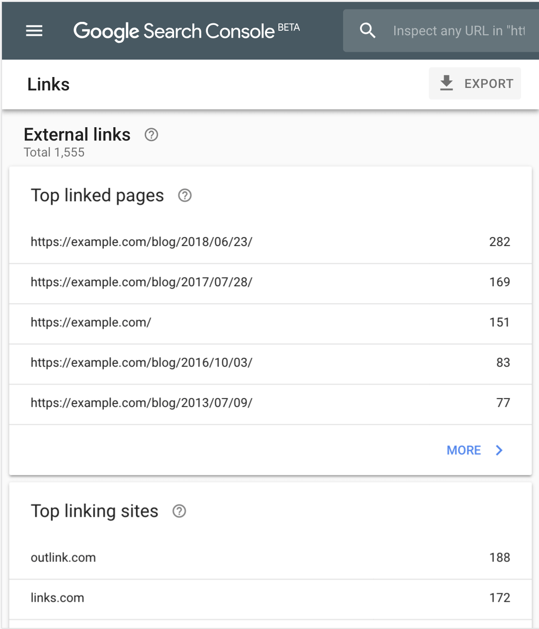 [Screenshot: Google Search Console top linked pages sorted by linking sites]
